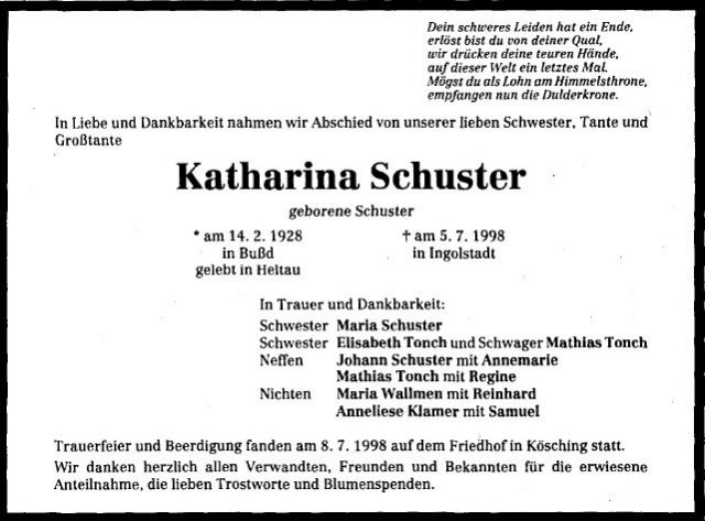 Schuster Katharina 1928-1998 Todesanzeige